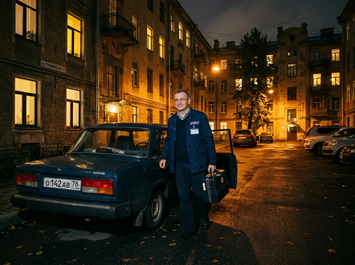 Врач-нарколог с медицинским чемоданчиком выходит из автомобиля во двор жилого дома в Санкт-Петербурге, ночь, городские огни, доверительная атмосфера