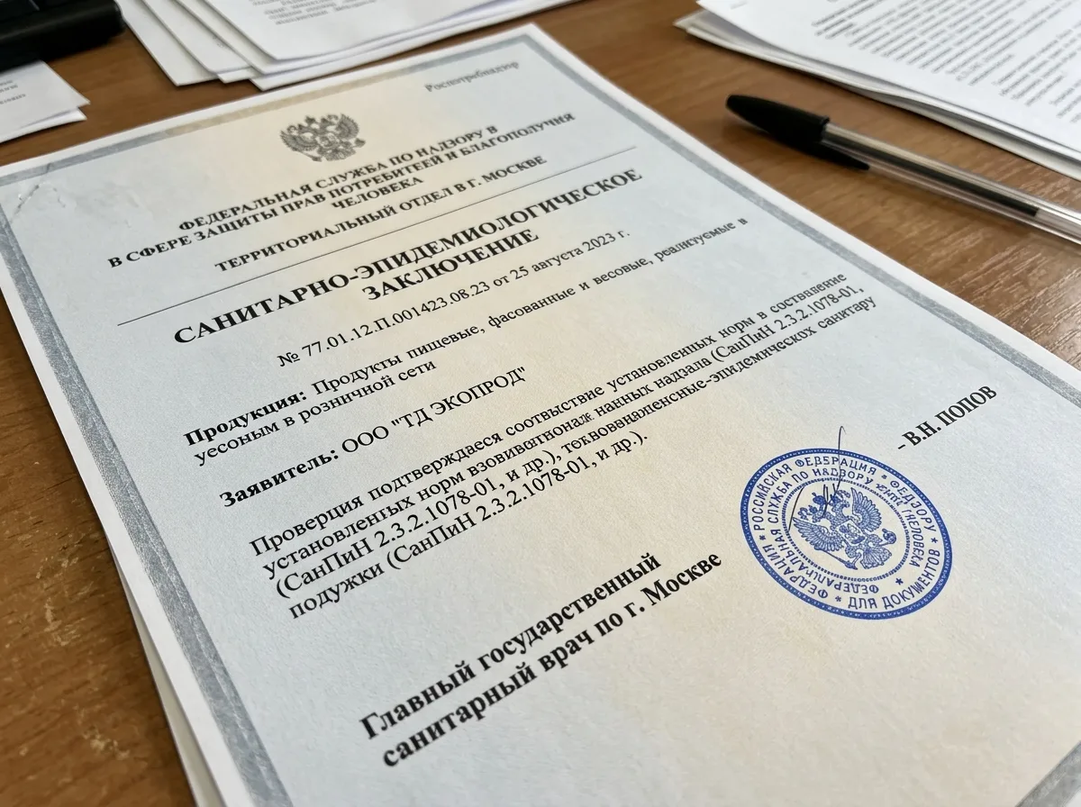 Санитарно-эпидемиологическое заключение Роспотребнадзора, официальный документ с синей печатью